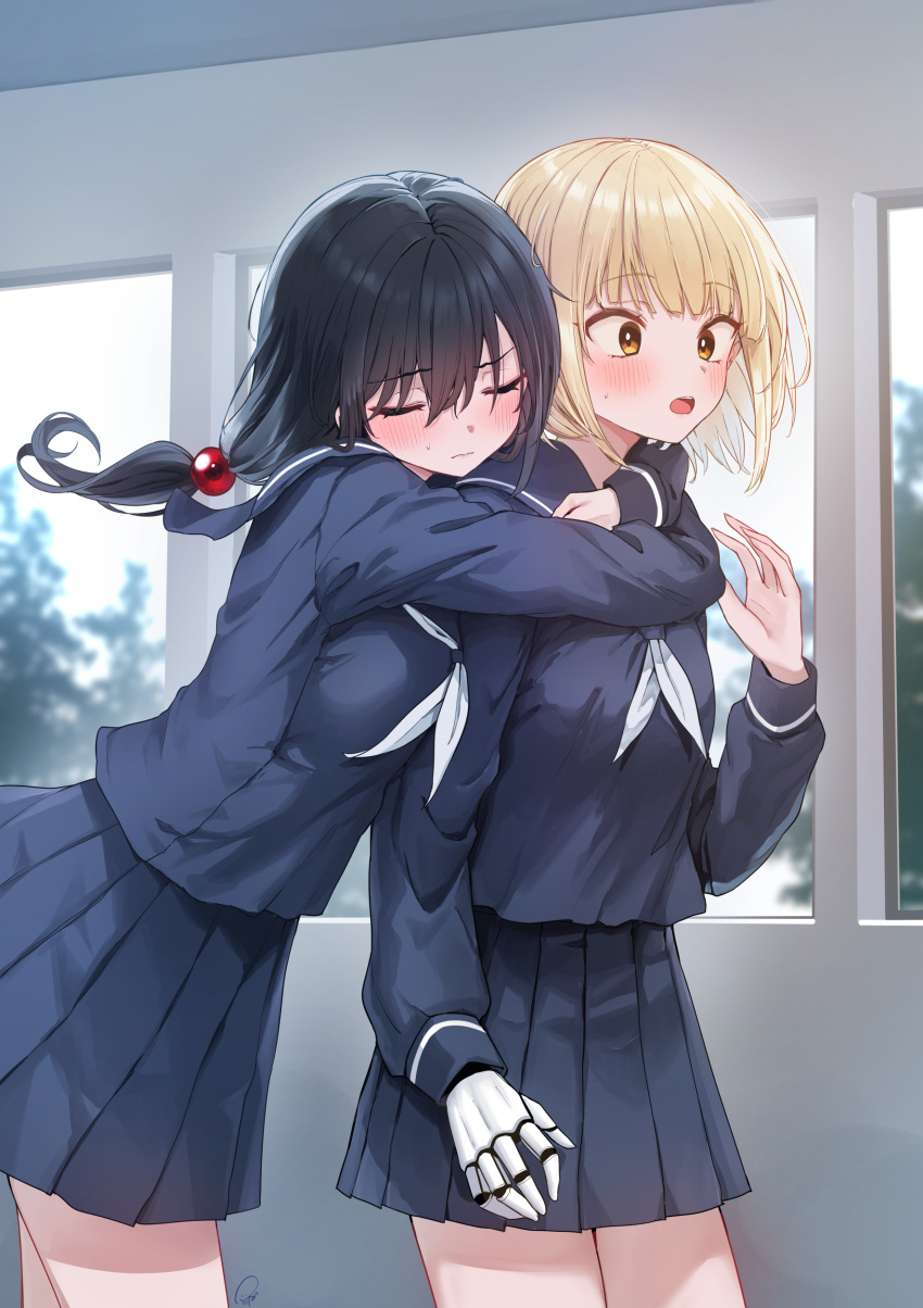 2girls, absurdres, ameno_hitsuka, black_hair, black_serafuku, black_skirt, blonde_hair, blush, brown_eyes, closed_eyes, hair_bobbles, hair_ornament, highres, hug, hug_from_behind, kamioka_senri, medium_hair, multiple_girls, neckerchief, open_mouth, original, piripun, prosthesis, prosthetic_arm, prosthetic_hand, school_uniform, serafuku, short_hair, signature, skirt, standing, sunlight, surprised, sweatdrop, white_neckerchief, window