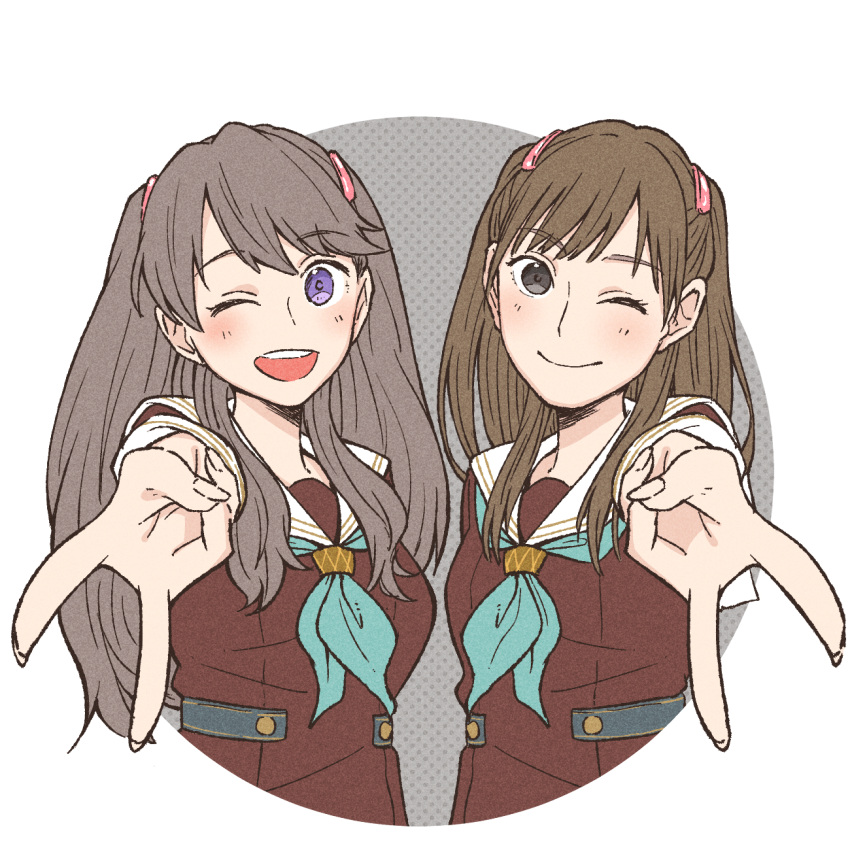 2girls, aqua_neckerchief, blush, breasts, brown_dress, brown_eyes, brown_hair, closed_mouth