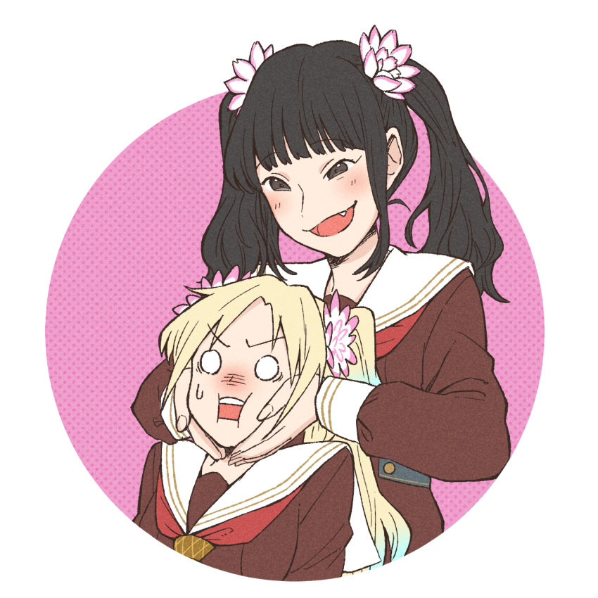 2girls, black_hair, blonde_hair, blunt_bangs, blush, brown_dress, brown_eyes, commentary_request, dress, fang, hands_on_another's_cheeks, hands_on_another's_face, hasu_no_sora_school_uniform, highres, kan_kanna, link!_like!_love_live!, long_hair, long_sleeves, looking_at_another, love_live!, multiple_girls, neckerchief, open_mouth, osawa_rurino, parted_bangs, red_neckerchief, sailor_collar, sakuma_yoru, school_uniform, sidelocks, sleeve_cuffs, twintails, upper_body, v-shaped_eyebrows, virtual_youtuber, voice_actor, voice_actor_connection, white_sailor_collar, winter_uniform