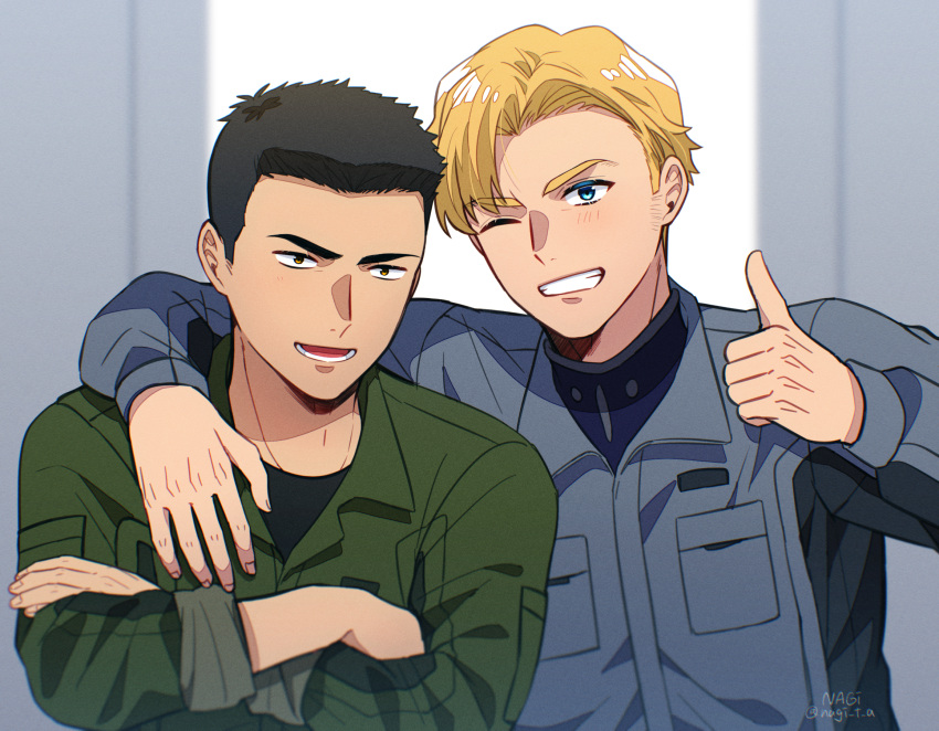 2boys, ao_isami, arm_around_shoulder, black_hair, blonde_hair, blue_eyes, blue_jumpsuit, crossed_arms, facial_hair, green_jumpsuit, grin, highres, jumpsuit, lewis_smith, male_focus, multiple_boys, nagita_(nagi), one_eye_closed, open_mouth, short_hair, sideburns_stubble, smile, stubble, thumbs_up, twitter_username, upper_body, yuuki_bakuhatsu_bang_bravern