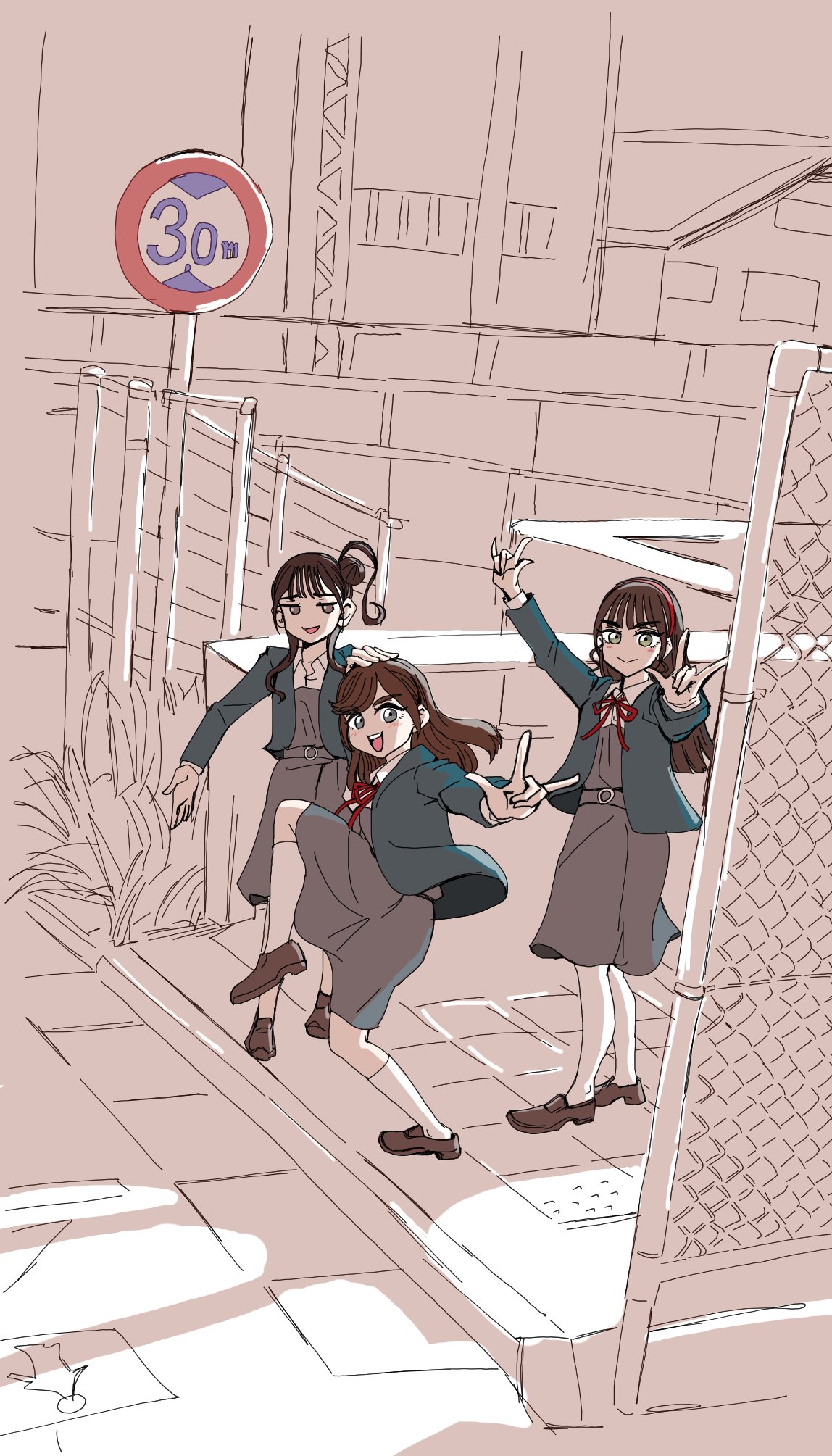 3girls, \m/, blue_jacket, brown_eyes, brown_footwear, brown_hair, catchu!_(love_live!), closed_mouth, collared_shirt, commentary_request, conodon2, date_sayuri, dress, grey_dress, hair_bun, high_school_girls_posing_for_google_street_view_(meme), highres, jacket, jitone, loafers, long_hair, long_sleeves, looking_at_viewer, love_live!, love_live!_superstar!!, medium_hair, meme, multiple_girls, neck_ribbon, open_clothes, open_jacket, open_mouth, payton_naomi, red_ribbon, ribbon, school_uniform, shirt, shoes, single_side_bun, standing, voice_actor, white_shirt, winter_uniform, yabushima_akane, yuigaoka_school_uniform