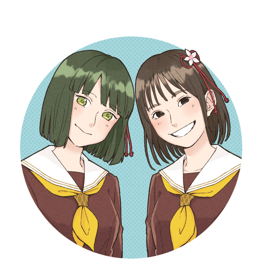 2girls, black_eyes, brown_dress, brown_hair, closed_mouth, collarbone, commentary_request, dress