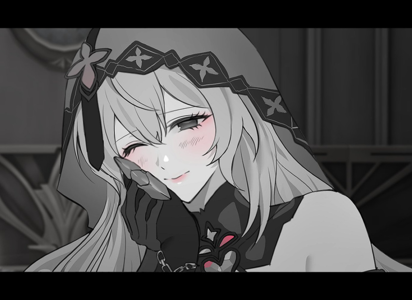 2girls, 9_(hcl9fg), acheron_(honkai:_star_rail), bare_shoulders, black_choker, black_gloves, black_swan_(honkai:_star_rail), blush
