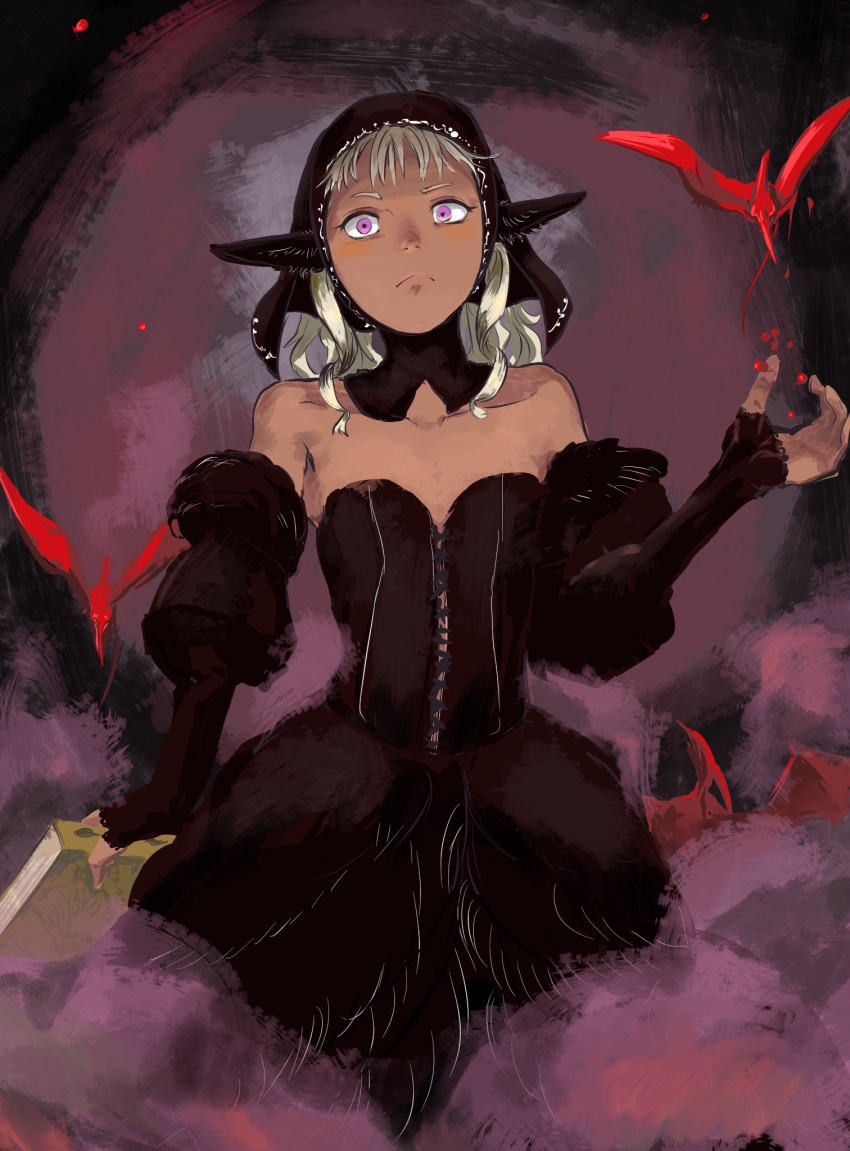 1boy, androgynous, bare_shoulders, black_dress, black_hood, book, cosplay, crossdressing