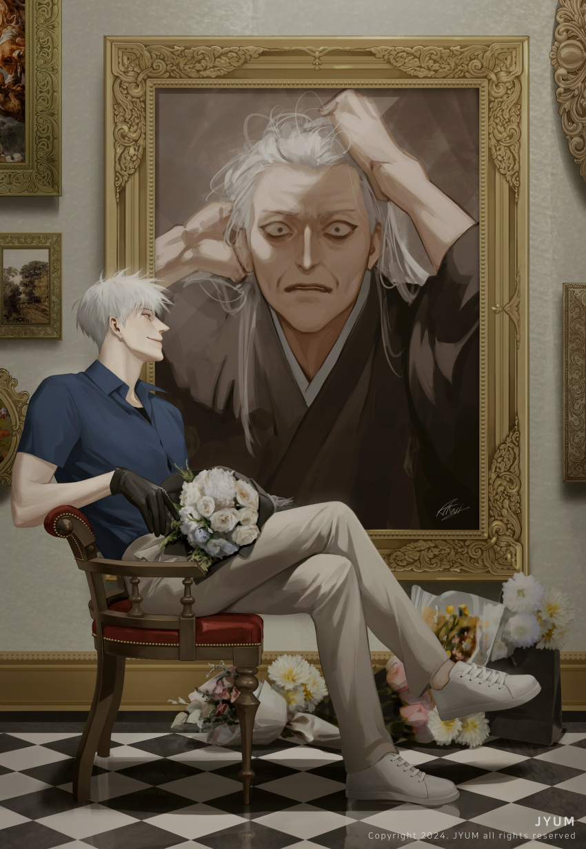 1boy, absurdres, akagi:_yami_ni_oritatta_tensai, akagi_shigeru, black_gloves, blue_shirt, bouquet, checkered_floor