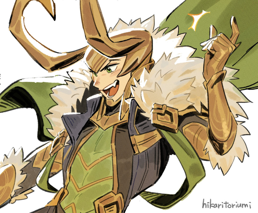 1boy, artist_name, cape, fake_horns, fur-trimmed_cape, fur_trim, green_cape, green_jacket
