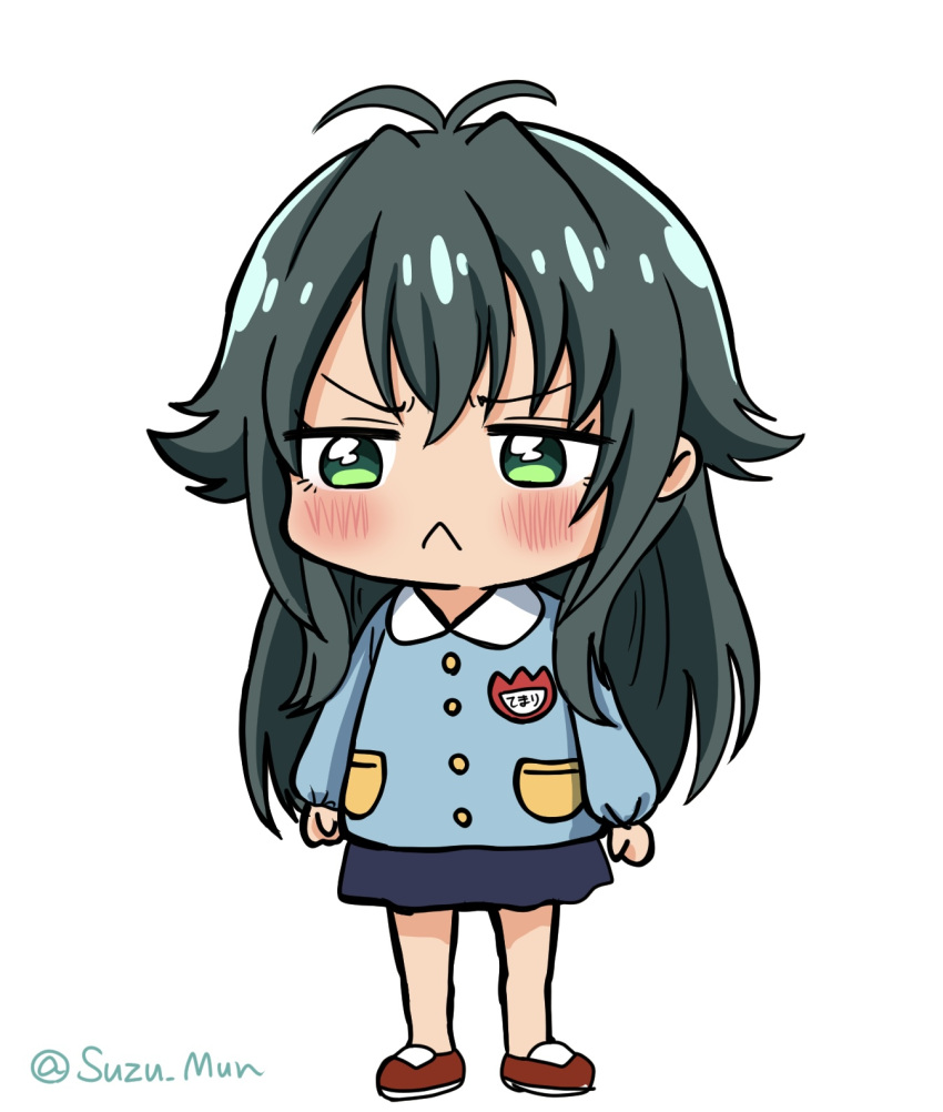 1girl, :<, antenna_hair, blue_skirt, commentary_request, frown, full_body, gakuen_idolmaster