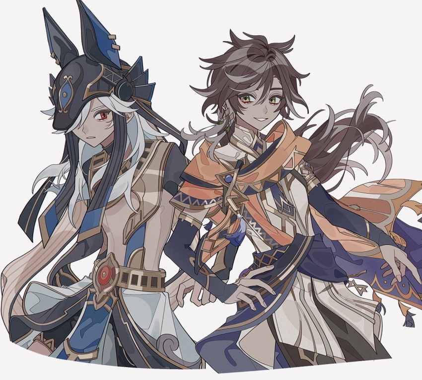 2boys, animal_hood, bishounen, brown_hair, cowboy_shot, cyno_(genshin_impact), dark-skinned_male, dark_skin, genshin_impact, hair_over_one_eye, highres, hood, long_hair, male_focus, multiple_boys, orange_eyes, rutata, sethos_(genshin_impact), simple_background, white_background, white_hair