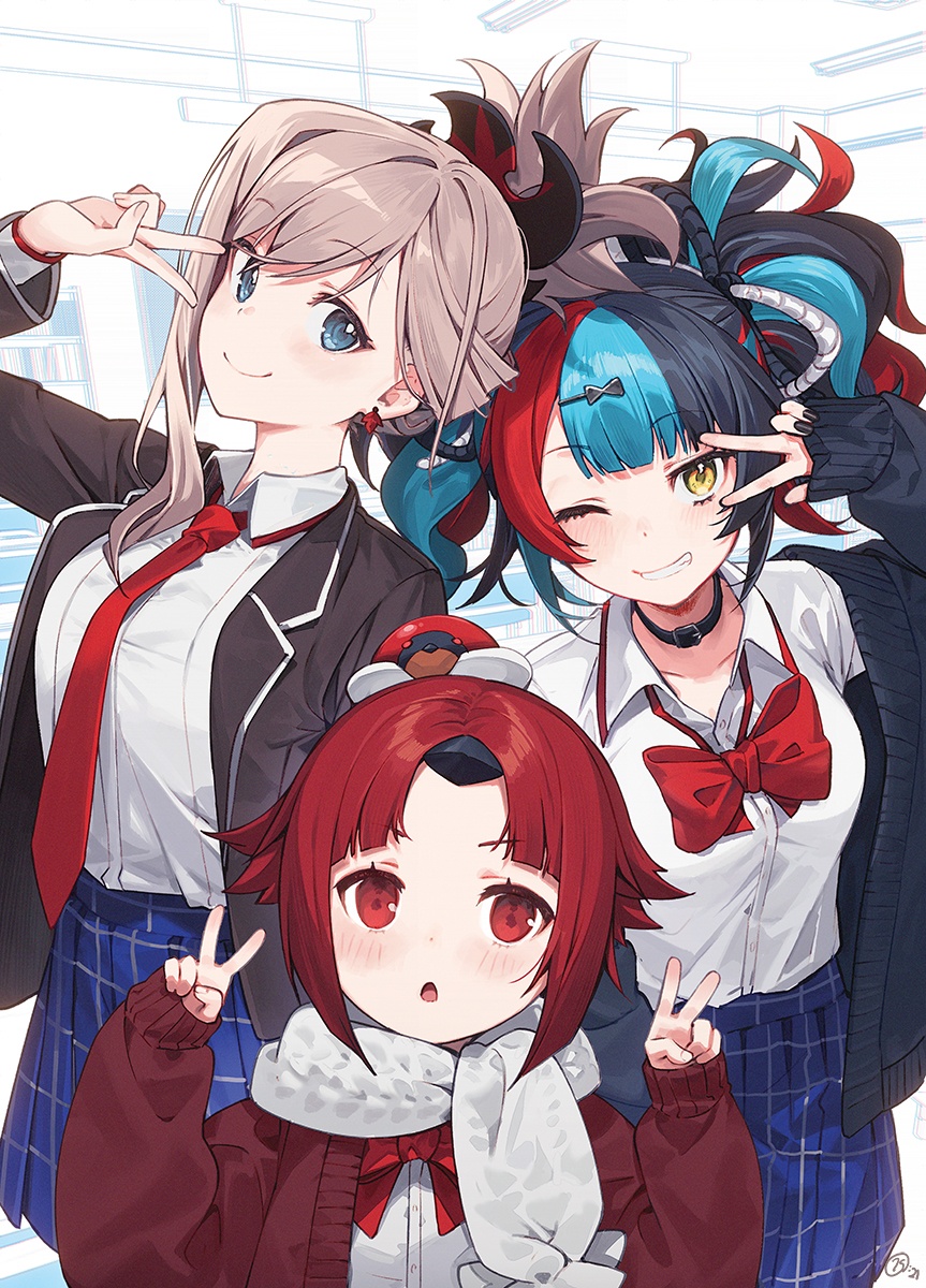 3girls, benienma_(fate), black_nails, blue_eyes, bow, choker, cover_image, double_v