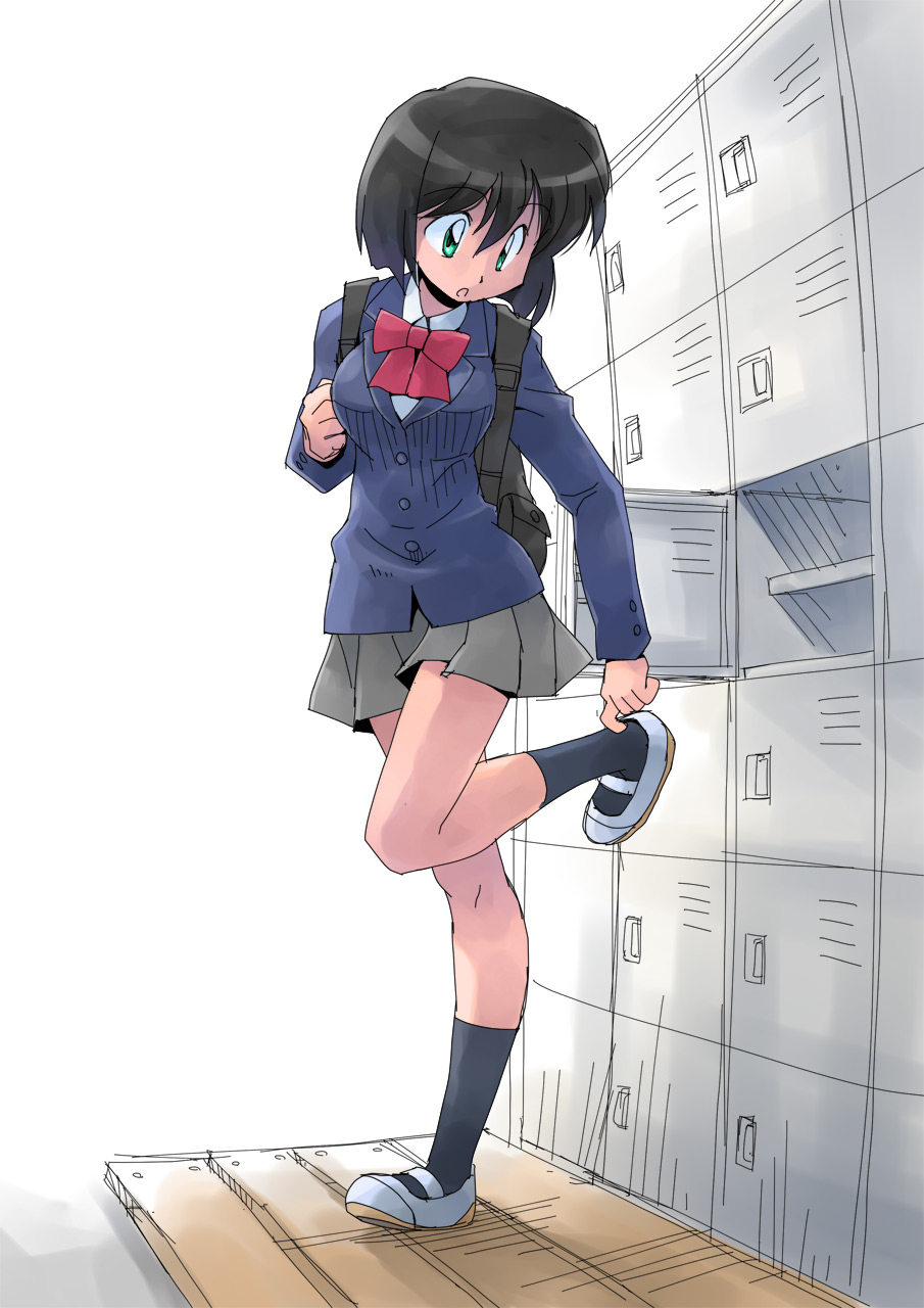 1girl, adjusting_footwear, backpack, bag, black_bag, black_hair, black_socks, blue_jacket