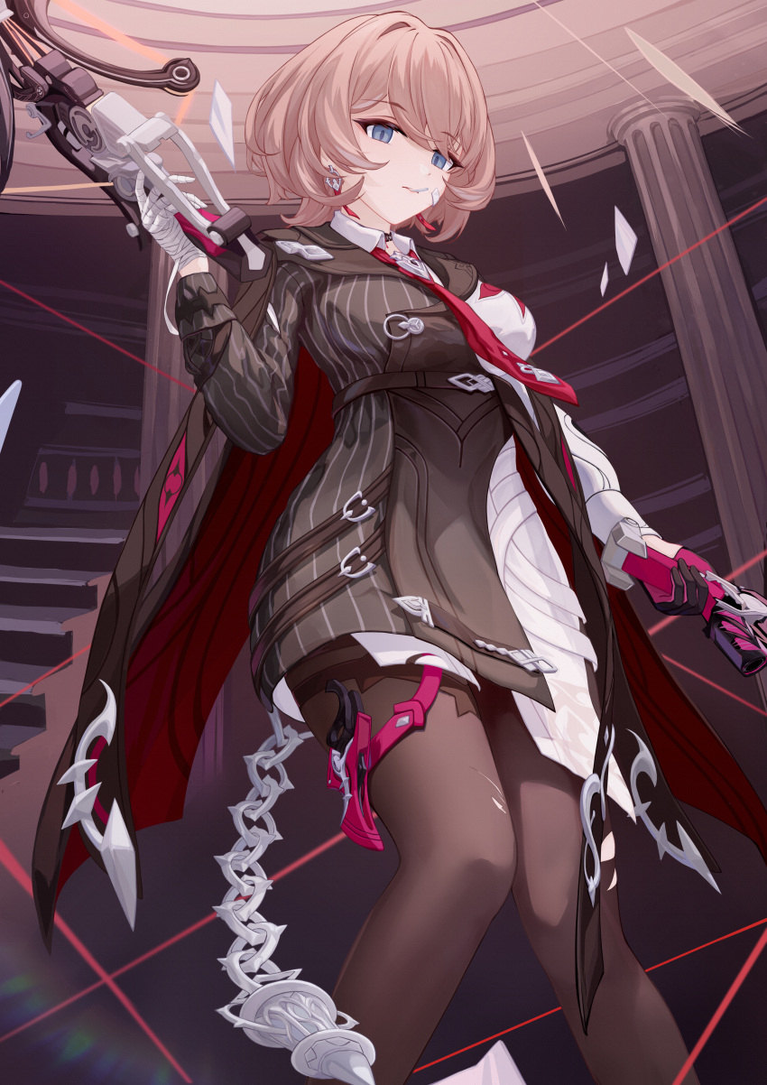 1girl, absurdres, asymmetrical_jacket, bandage_on_face, bandaged_fingers, bandaged_hand, bandages, black_collar