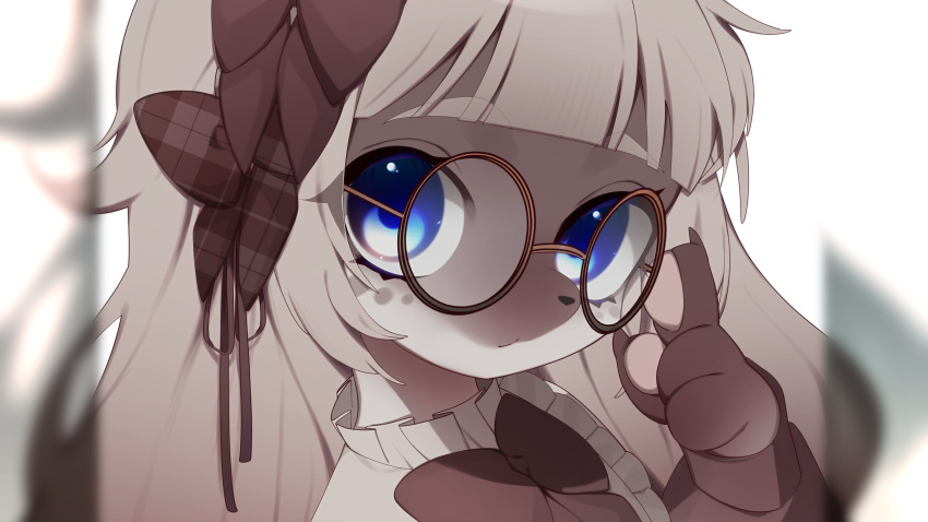 1girl, 4rnoux, adjusting_eyewear, animal_nose, blue_eyes, blurry, blurry_border, bow