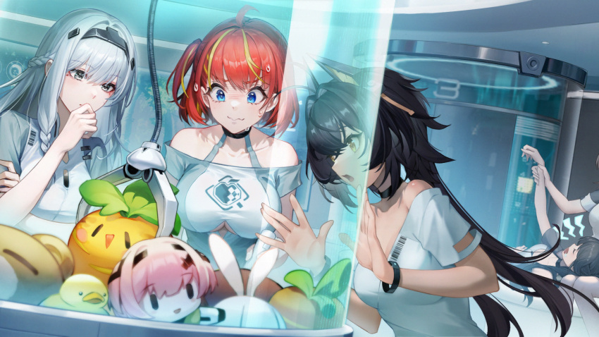 5girls, black_hair, blue_eyes, breasts, character_doll, game_cg, glass, highres