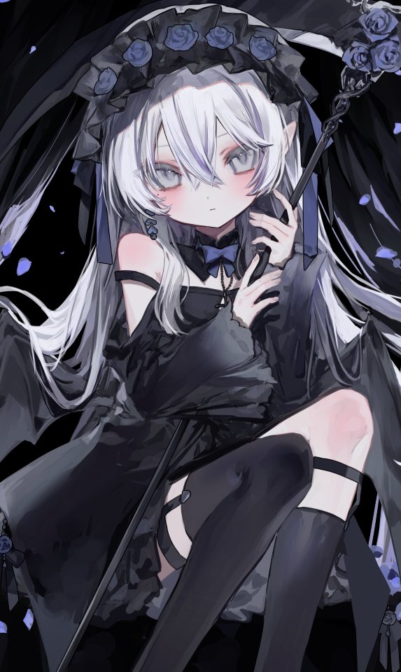 1girl, asymmetrical_legwear, azuma_seren, black_background, black_dress, black_thighhighs, blanche_fleur, blue_flower