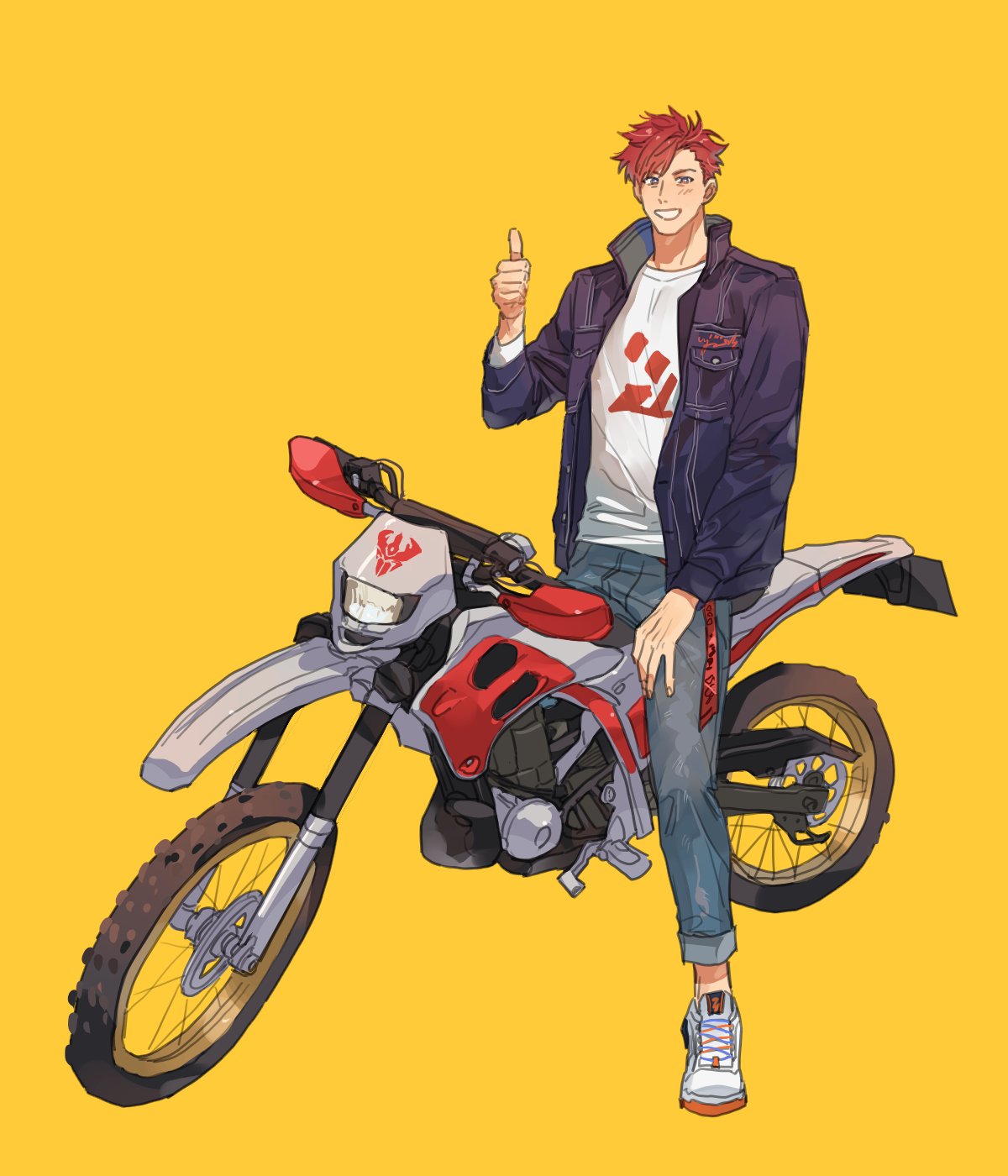 1boy, bbbb_fex, black_jacket, denim, hand_on_own_thigh, highres, iori_haruma, jacket, jeans, kamen_rider, logo, male_focus, motor_vehicle, motorcycle, pants, redhead, ride_kamens, shirt, shoes, simple_background, sneakers, solo, thumbs_up, white_shirt, yellow_background