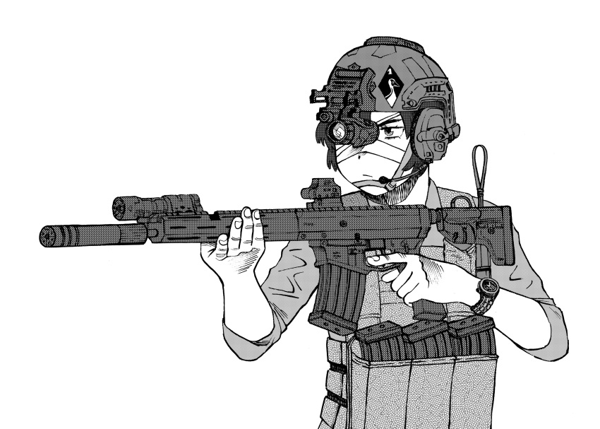 1girl, absurdres, aiming, assault_rifle, brn-180, combat_helmet, eyepatch, gun, heidi_(heytherenrds), helmet, highres, holding, holding_gun, holding_weapon, kate_marsh_(vengeance_burns_red), looking_to_the_side, medical_eyepatch, military, night_vision_device, radio, rifle, tactical_clothes, vengeance_burns_red, watch, watch, weapon, white_background