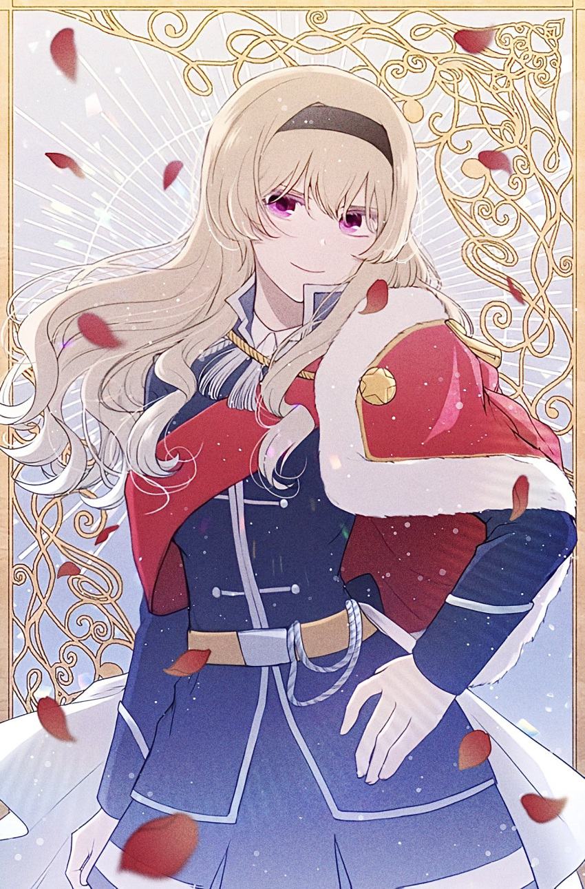 1girl, belt, black_hairband, black_jacket, black_skirt, blonde_hair, brown_belt, epaulettes, falling_petals, fur-trimmed_jacket, fur_trim, hairband, hand_on_own_hip, haruharucyon, highres, jacket, jacket_on_shoulders, long_hair, looking_at_viewer, petals, pink_eyes, pleated_skirt, red_jacket, rose_petals, saijou_claudine, seishou_music_academy_uniform, shoujo_kageki_revue_starlight, skirt, solo, uniform
