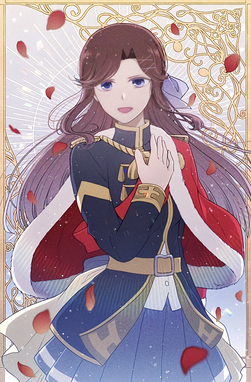 1girl, belt, black_jacket, brown_belt, brown_hair, epaulettes, falling_petals, fur-trimmed_jacket