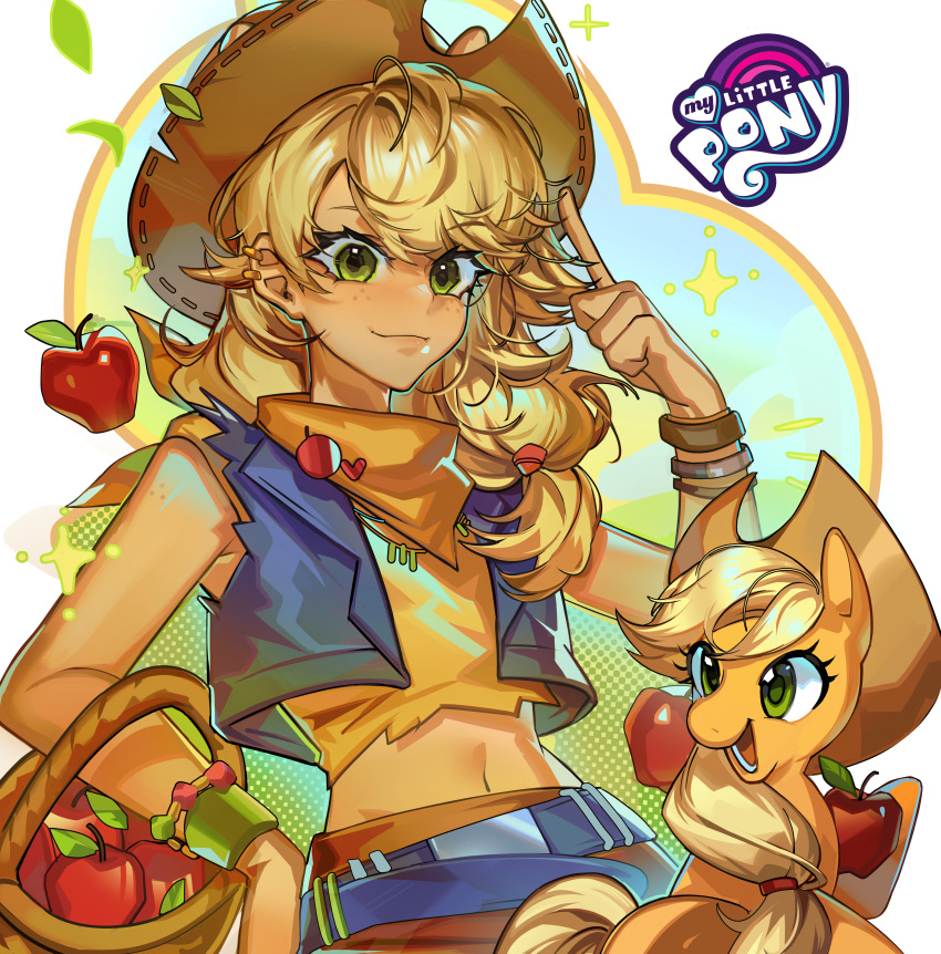 1girl, absurdres, apple, applejack, applejack_(equestria_girls), bandana, bandana_around_neck, bare_arms
