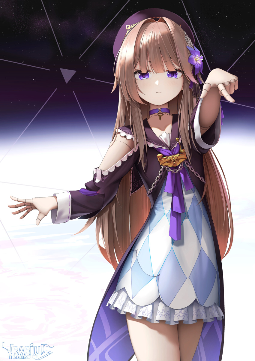 1girl, absurdres, artist_name, beret, black_coat, blue_dress, brown_hair, checkered_clothes