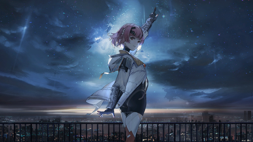 1girl, arm_up, city_lights, cityscape, clouds, fence, fritia_ignis, game_cg