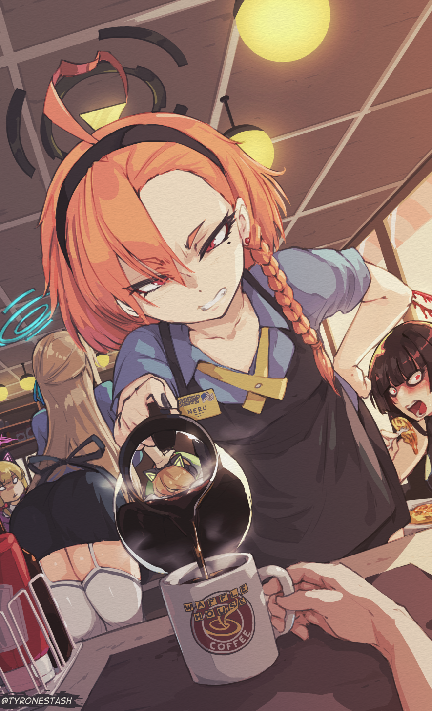 5girls, ahoge, apron, ass, asuna_(blue_archive), bent_over, black_hairband, black_nails