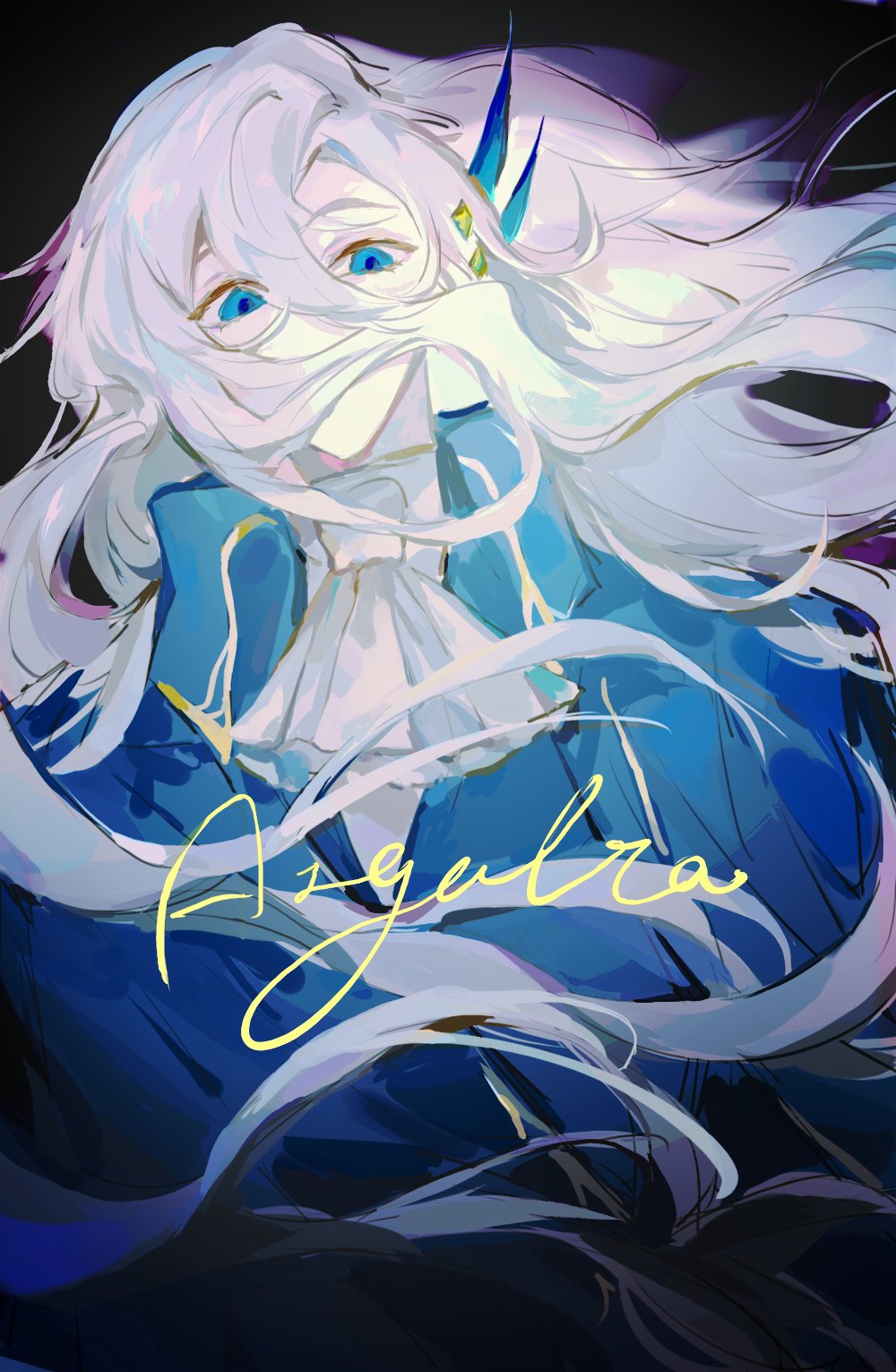 1boy, argalia_(project_moon), ascot, blue_eyes, blue_jacket, collared_jacket, floating_hair, hair_over_mouth, highres, jacket, library_of_ruina, limefruityummy, long_hair, looking_at_viewer, male_focus, project_moon, sidelocks, solo, upper_body, very_long_hair, white_ascot, white_hair