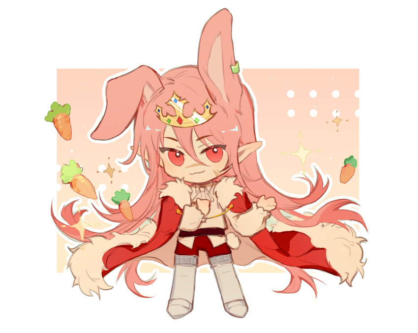 1boy, :3, animal_ears, cape, carrot, closed_mouth, crown, full_body