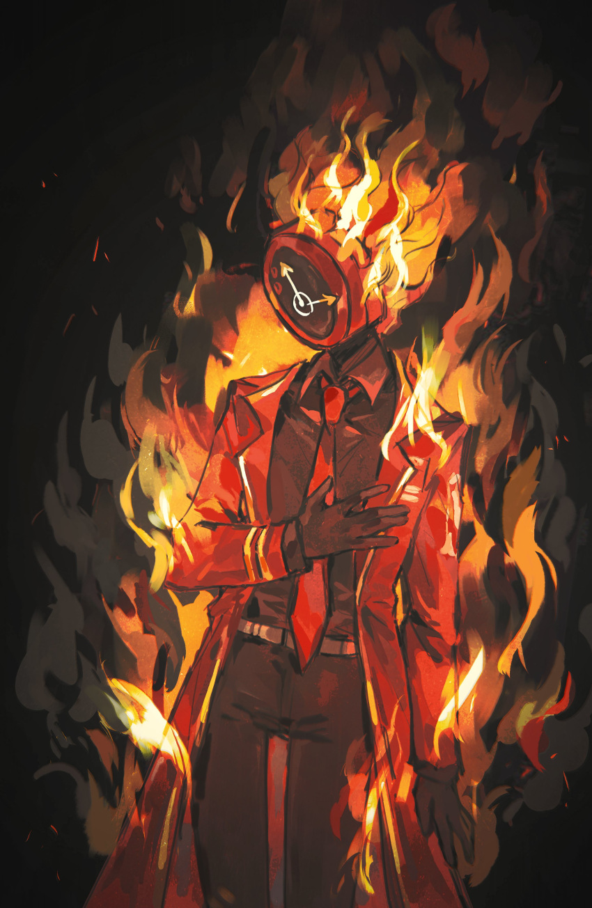 1other, absurdres, belt, black_gloves, black_pants, black_shirt, burning, clock