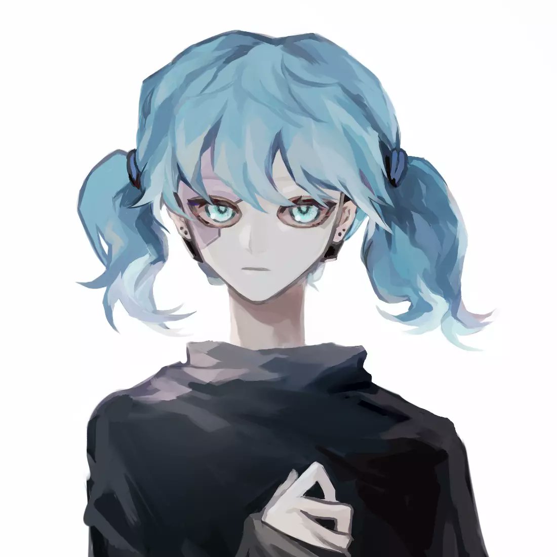 1boy, black_sweater, blue_eyes, blue_hair, ear_piercing, hand_up, limefruityummy, looking_at_viewer