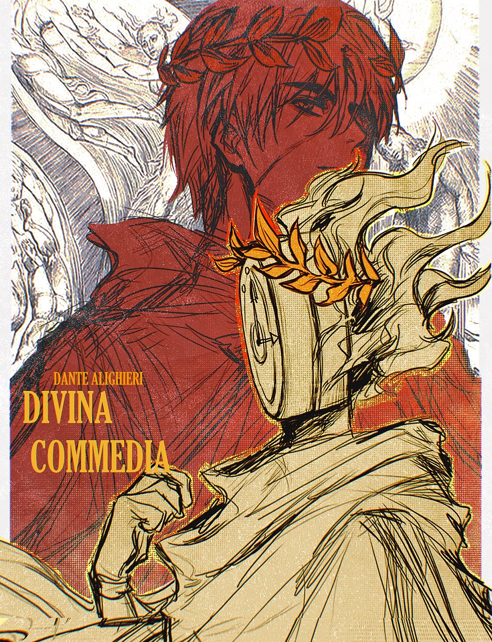 1boy, 1other, cape, clock, dante_(limbus_company), fire, gloves, hand_up, highres, laurel_crown, limbus_company, limefruityummy, looking_to_the_side, object_head, other_focus, project_moon, the_divine_comedy, upper_body, vergilius_(project_moon), wings