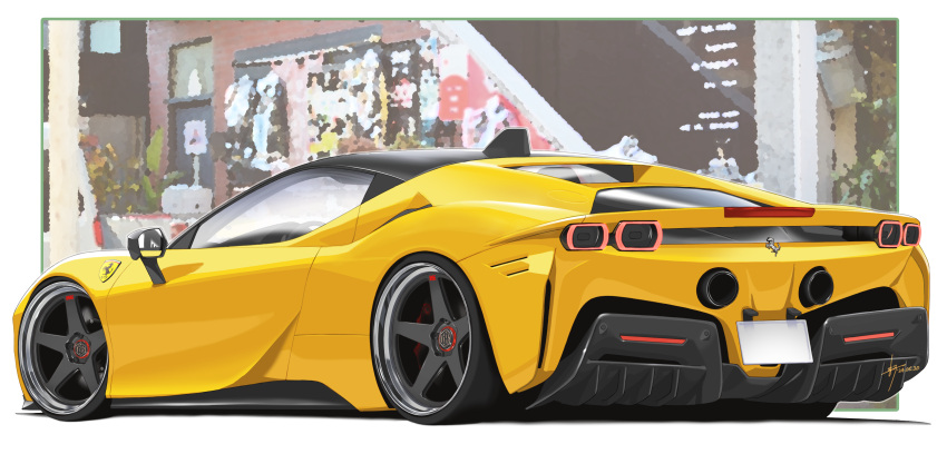 absurdres, car, english_commentary, ferrari, ferrari_sf90_stradale, highres, mixed-language_commentary, motor_vehicle, no_humans, original, shadow, signature, silenxe, sports_car, vehicle_focus, yellow_car