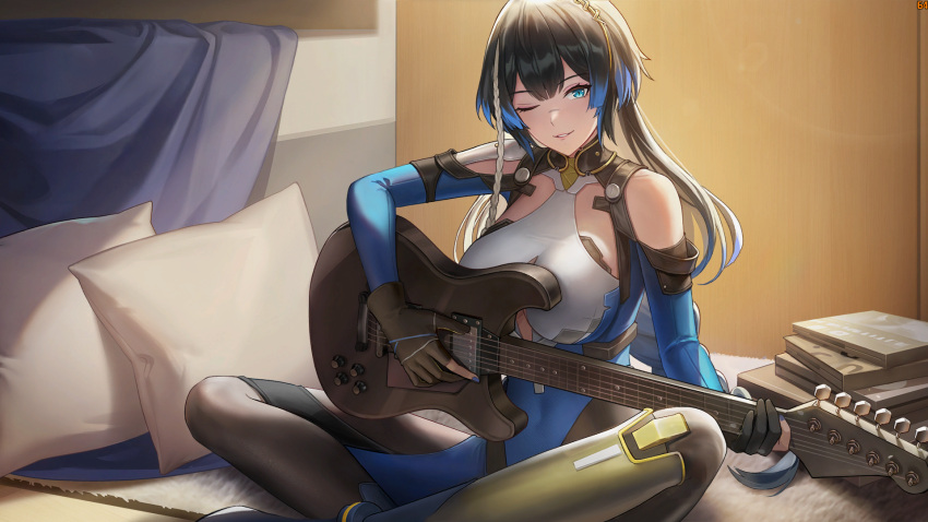 1girl, bare_shoulders, black_gloves, black_hair, black_pantyhose, blue_eyes, breasts, game_cg, gloves, guitar, highres, instrument, katya_(snowbreak), large_breasts, multicolored_hair, official_art, one_eye_closed, pantyhose, pillow, sitting, smile, snowbreak:_containment_zone, solo, third-party_source, two-tone_hair