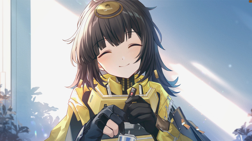 1girl, black_gloves, black_hair, closed_eyes, game_cg, gloves, highres, light