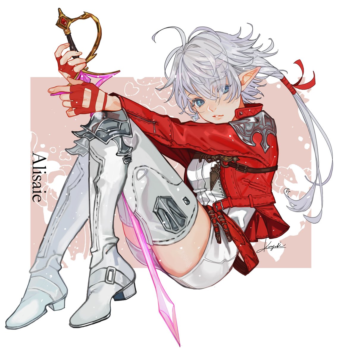 1girl, ailout2, alisaie_leveilleur, antenna_hair, blue_eyes, boots, character_name, cropped_jacket