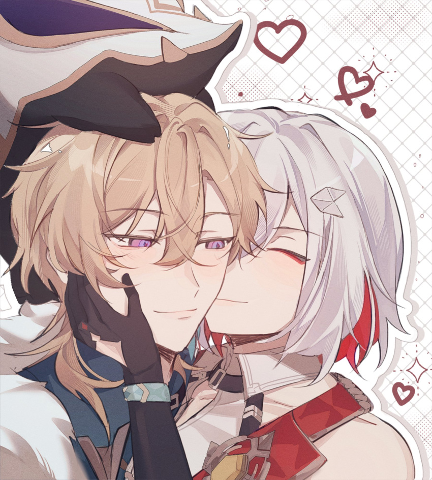 1boy, 1girl, aventurine_(honkai:_star_rail), black_gloves, blonde_hair, closed_mouth, gloves, heart