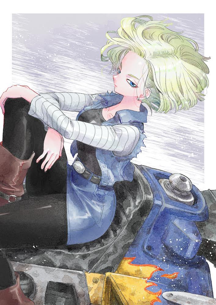 1girl, android_18, blonde_hair, blue_eyes, boots, dragon_ball, dragon_ball_z, floating_hair