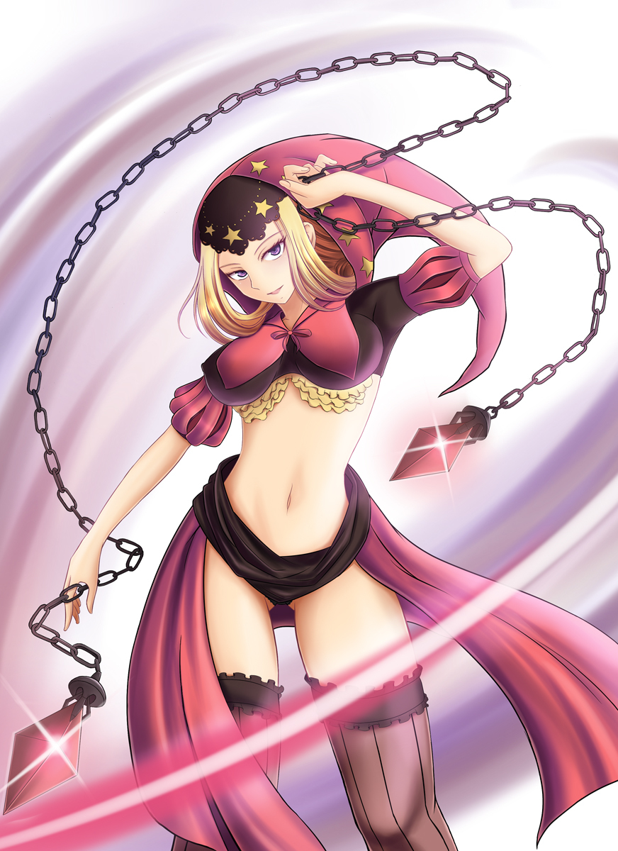 chain, erect_nipples, highres, hood, long_hair, midriff, mikii, navel
