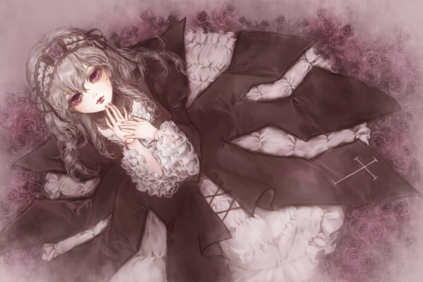 flower, frills, hairband, long_hair, purple_eyes, purple_rose, rose, rozen_maiden