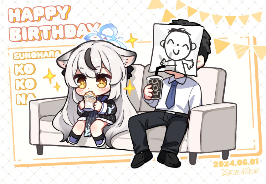 1boy, 1girl, animal_ears, black_dress, black_footwear, black_hair, black_pants, black_socks
