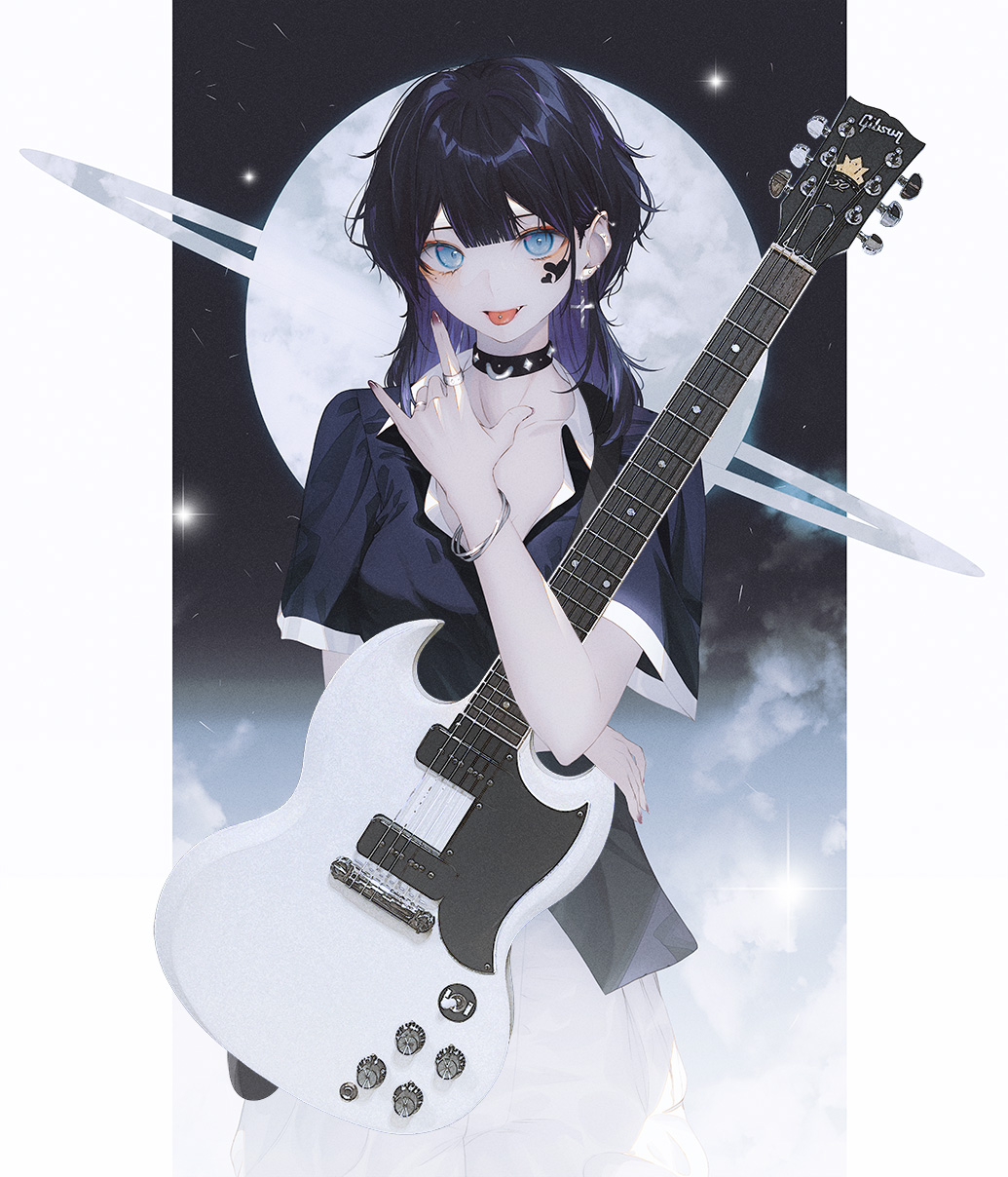 1girl, :p, \m/, black_choker, black_hair, black_shirt, blue_eyes, border