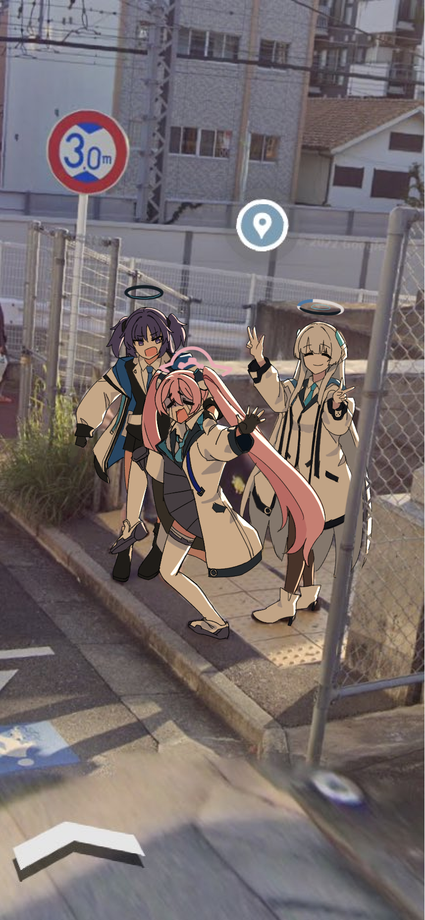 3girls, bag_(chrko_bag), black_footwear, black_pantyhose, black_skirt, blue_archive, blue_necktie, boots, closed_eyes, closed_mouth, collared_shirt, commentary_request, crying, day, grey_hair, halo, high_school_girls_posing_for_google_street_view_(meme), highres, jacket, korean_commentary, koyuki_(blue_archive), long_hair, long_sleeves, mechanical_halo, meme, multiple_girls, necktie, noa_(blue_archive), open_clothes, open_jacket, open_mouth, outdoors, pantyhose, photo-referenced, photo_background, pink_hair, pink_halo, pleated_skirt, purple_hair, shirt, skirt, smile, thigh-highs, twintails, v, violet_eyes, w, white_footwear, white_jacket, white_shirt, white_thighhighs, yuuka_(blue_archive)