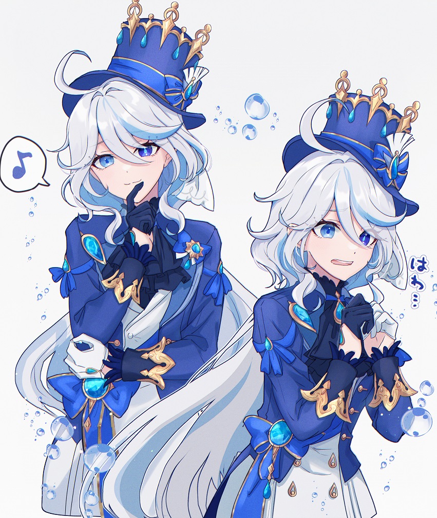 1girl, black_gloves, blue_eyes, blue_hair, blue_hat, blue_jacket, closed_mouth, furina_(genshin_impact)