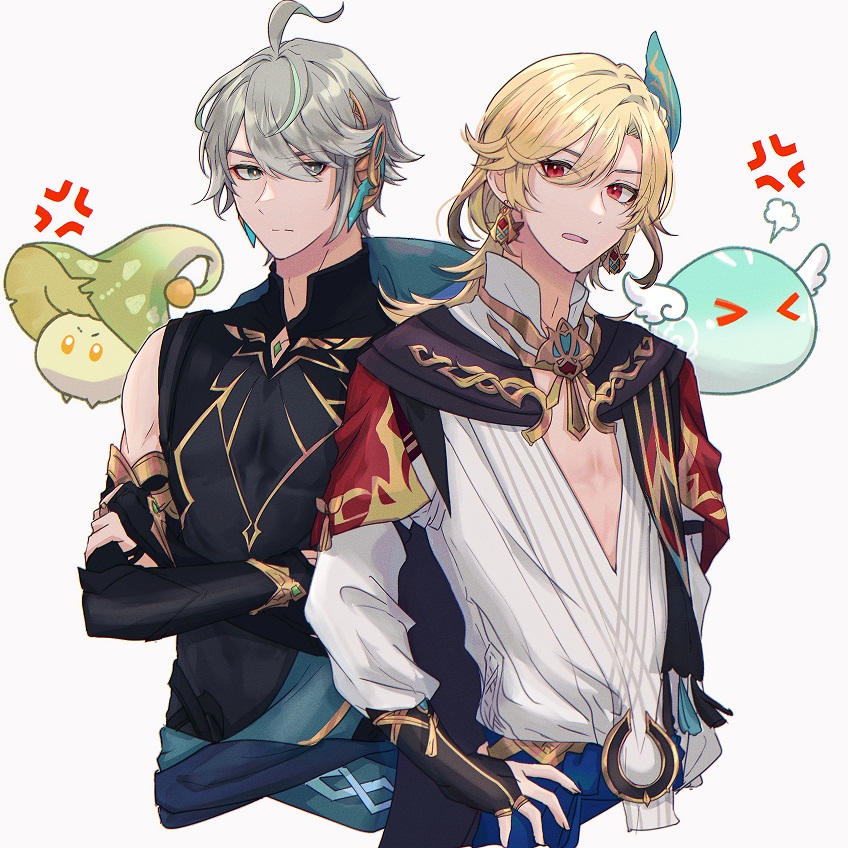 2boys, alhaitham_(genshin_impact), aranara_(genshin_impact), black_shirt, blonde_hair, closed_mouth, crossed_arms, earrings