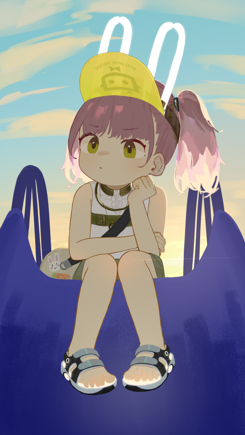 1girl, absurdres, animal_ears, bare_arms, bare_shoulders, closed_mouth, fake_animal_ears, full_body, girls'_frontline_neural_cloud, green_eyes, hand_on_own_cheek, hand_on_own_face, highres, pink_hair, sandals, shirt, sitting, sleeveless, sleeveless_shirt, solo, taisch_(neural_cloud), twintails, visor_cap, white_shirt, xiaotsihasiha