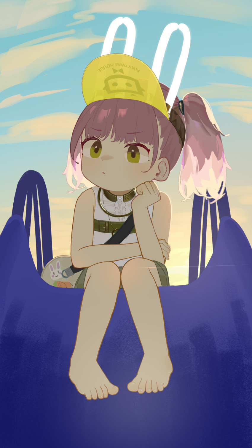 1girl, absurdres, animal_ears, bare_arms, bare_shoulders, barefoot, closed_mouth, fake_animal_ears