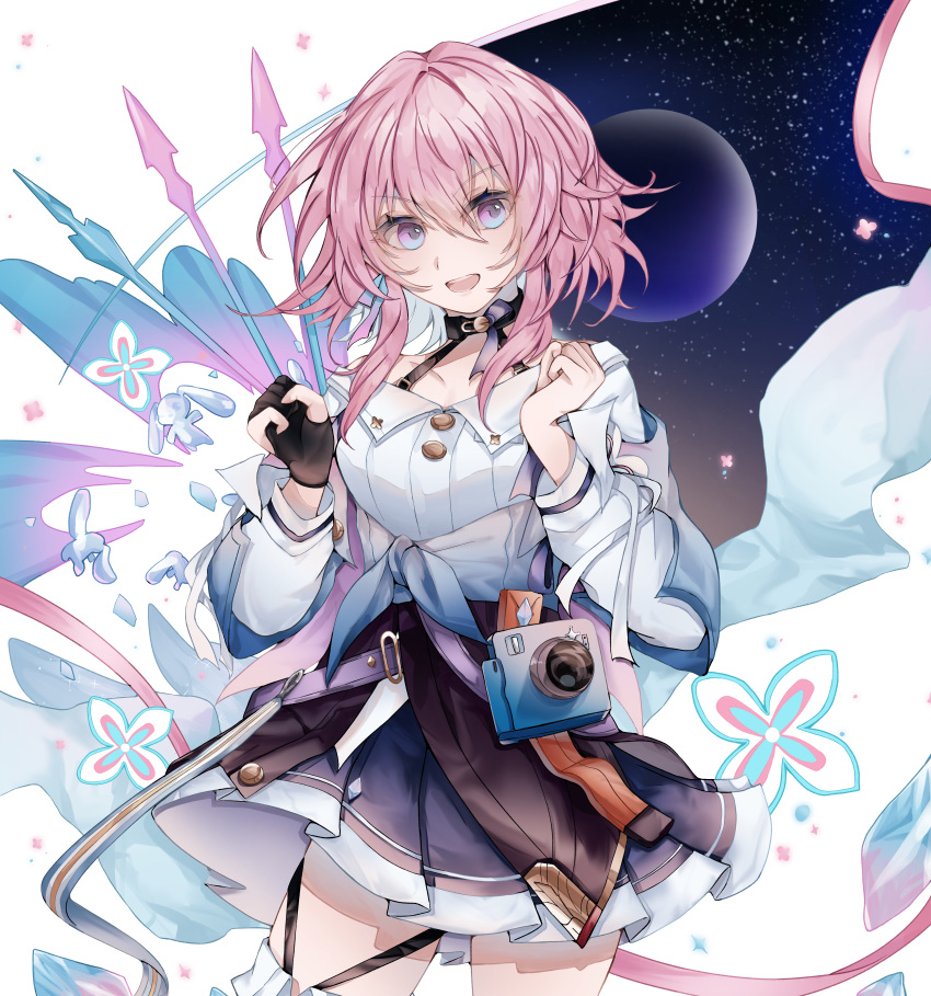 1girl, absurdres, archery_shooting_glove, arrow_(projectile), black_choker, black_corset, black_gloves, blue_eyes, blue_jacket, blue_skirt, bra_strap, breasts, buttons, camera, choker, clenched_hands, commentary_request, corset, cowboy_shot, earrings, gloves, gradient_eyes, hands_up, highres, honkai:_star_rail, honkai_(series), jacket, jewelry, kaede_imai, long_sleeves, march_7th_(honkai:_star_rail), medium_breasts, medium_hair, miniskirt, multicolored_eyes, open_mouth, partially_fingerless_gloves, pink_eyes, pink_hair, pleated_skirt, shirt, single_earring, single_glove, skirt, solo, thigh_strap, tied_jacket, two-tone_eyes, underbust, white_shirt