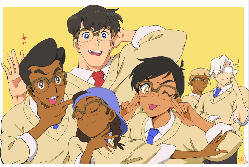 2girls, 4boys, :d, ;p, arm_behind_head, artist_name, backwards_hat, barlee