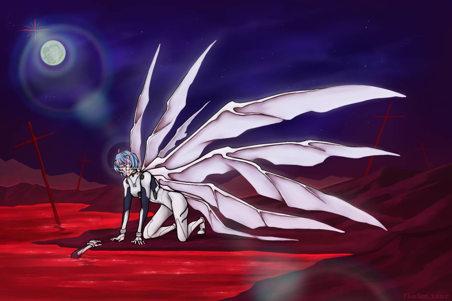 1girl, all_fours, ayanami_rei, blood, blue_hair, bodysuit, cross, english_commentary, extra_eyes, full_moon, giant, giantess, horizon, interface_headset, lake, landscape, large_cross, latin_cross, lcl, lilith_(ayanami_rei), looking_at_viewer, moon, moonlight, mountain, mountainous_horizon, multiple_wings, neon_genesis_evangelion, night, night_sky, outdoors, plugsuit, red_ocean, short_hair, sky, solo, star_(sky), starry_sky, third_impact, tumblr_username, vestathesolidar, white_bodysuit, wings, youtube_username