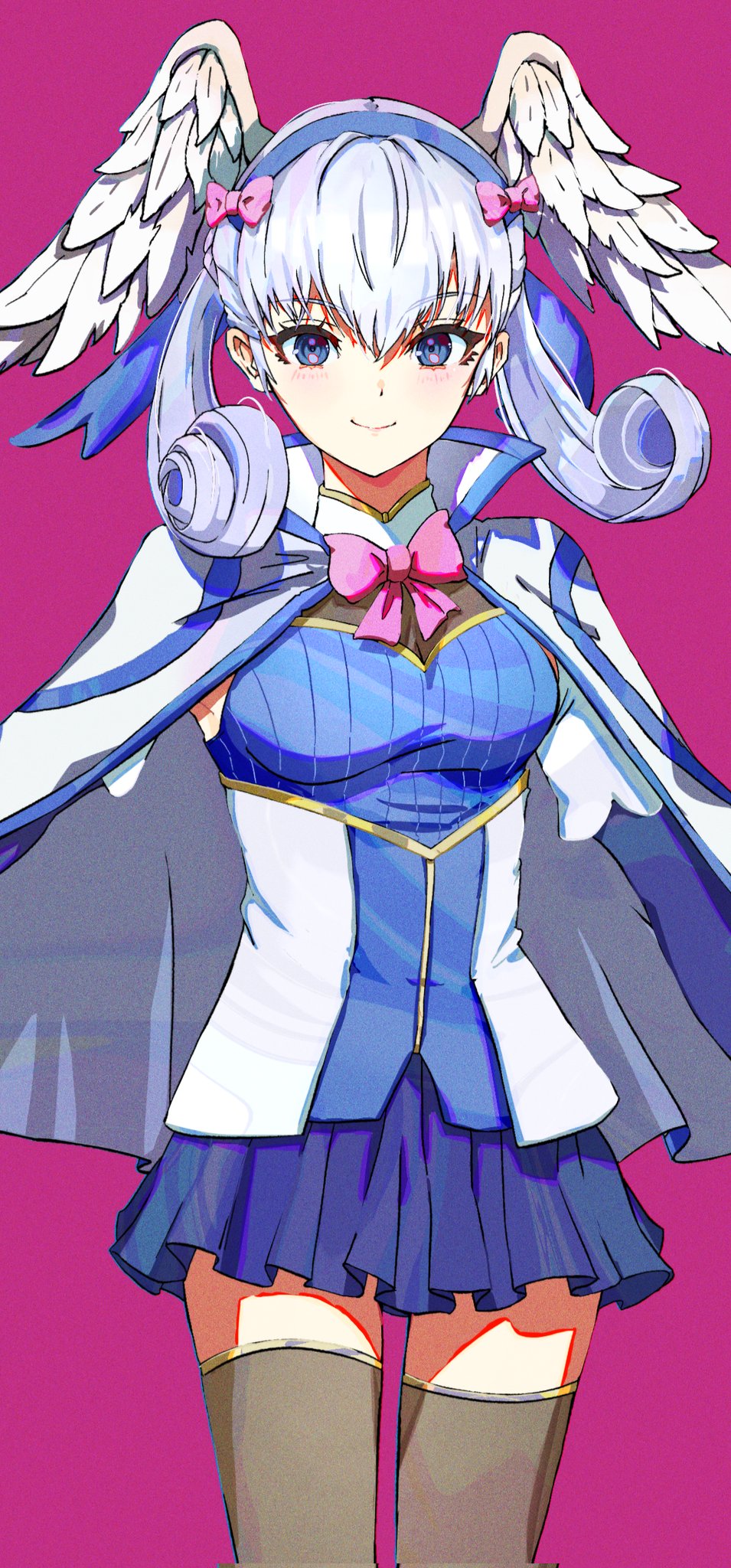 blue_eyes, grey_hair, head_wings, highres, looking_at_viewer, melia_antiqua, milo_monzon, school_uniform, smile, twintails, wings, xenoblade_chronicles_(series), xenoblade_chronicles_1